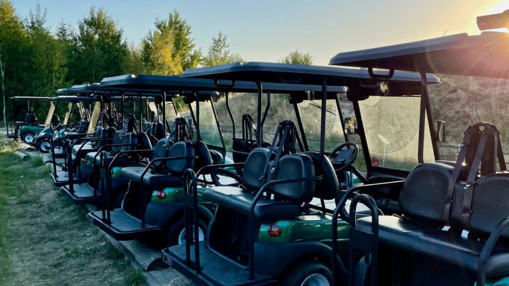 Foto eines Golfcarts am Eingang des Doms im Center Parcs Les Trois Forêts