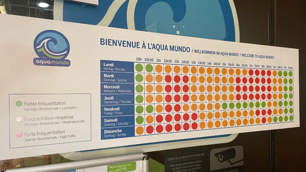 Auslastungsanzeige im Aqua Mundo, Center Parcs Les Trois Forêts